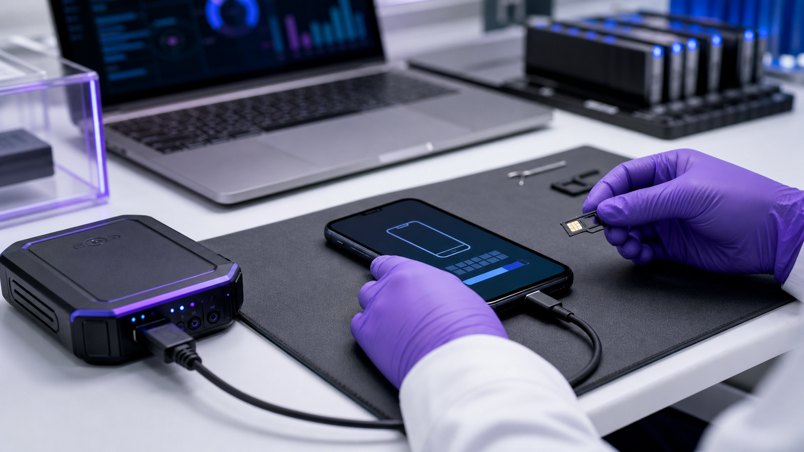 Mobile device connected to forensic acquisition equipment in a controlled laboratory