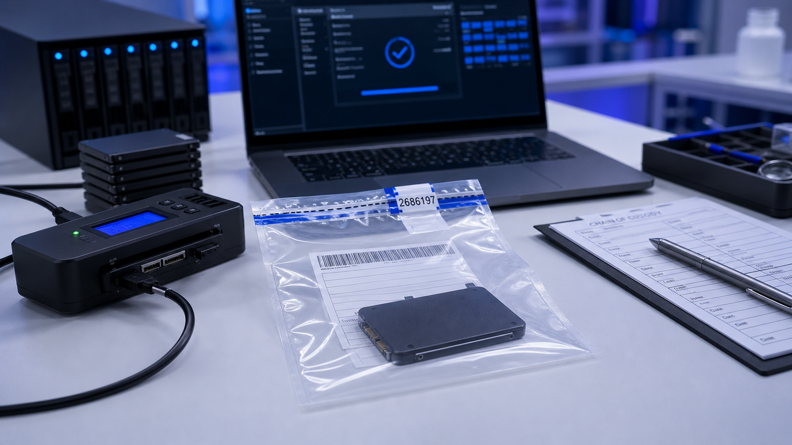 Sealed digital evidence drive, write blocker, and chain-of-custody record in a forensic laboratory